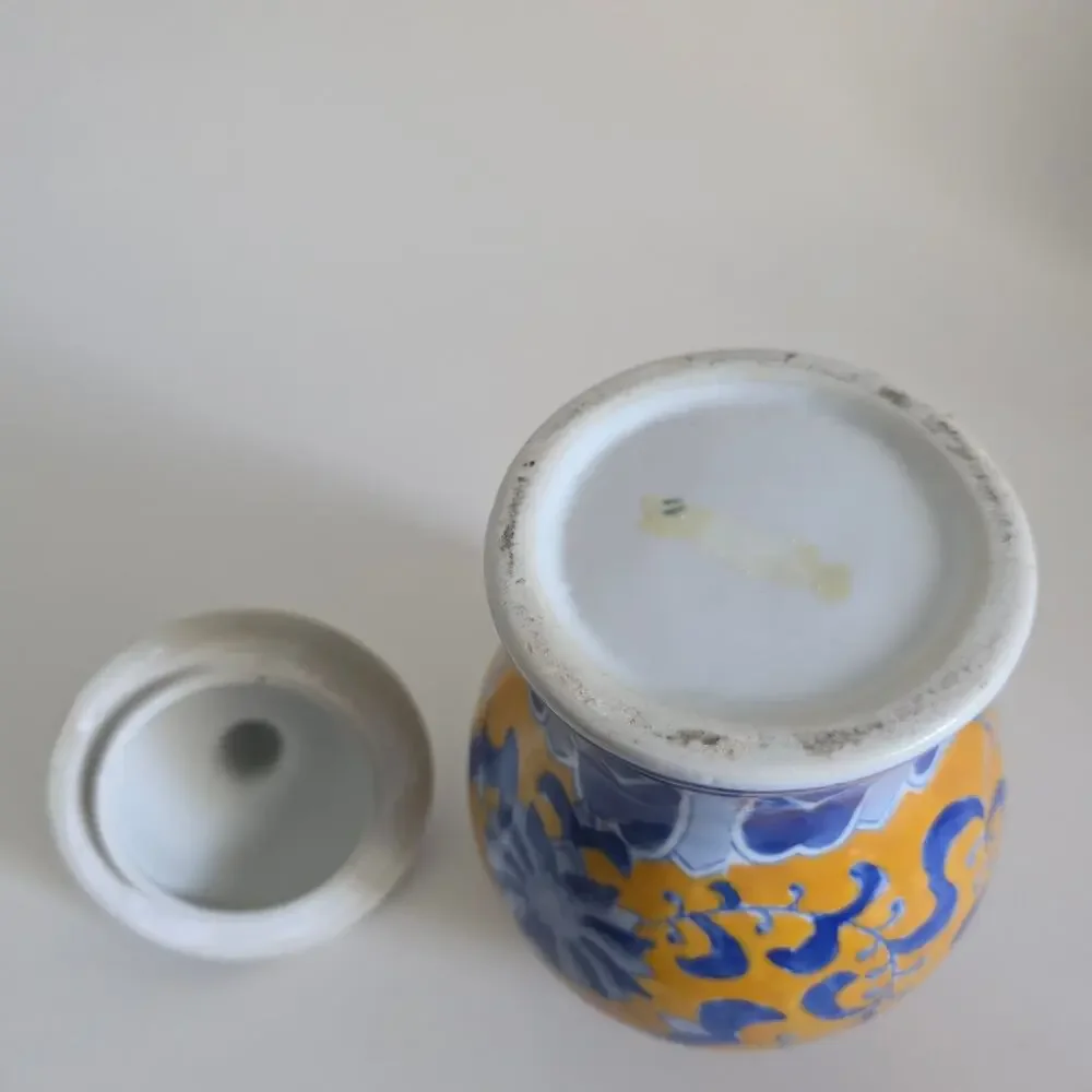 Blue Yellow Ginger Jar Canister with Lid Floral Heart Motif 7.5